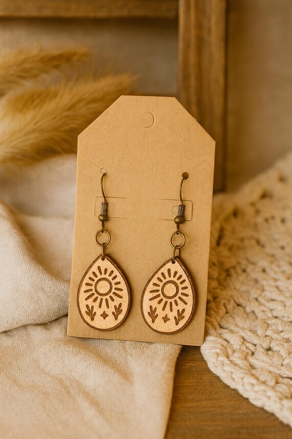 oho Sunburst Leather Earrings – Handmade Teardrop Dangle | Lightweight Rustic Jewelry for Women | Gift for Her | Fawn Meadow Farm