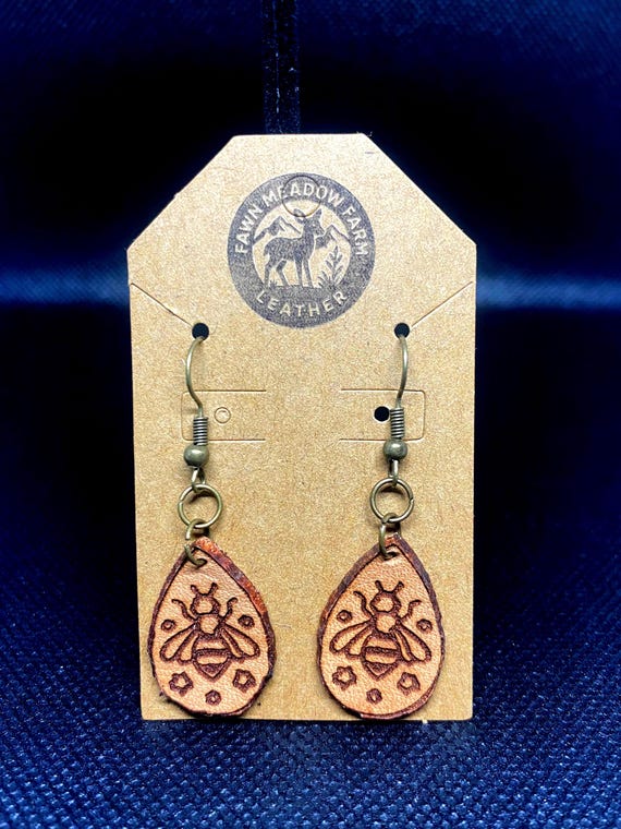 Handmade Leather Bee Earrings | Boho Rustic Farmhouse Jewelry | Nature-Inspired Eco Gift for Her | Teardrop Earrings Lightweight