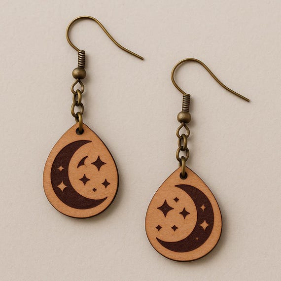 Moon & Stars Wood Teardrop Earrings – Laser Cut Boho Earrings | Celestial Jewelry | Lightweight Gifts for Her | Fawn Meadow Farm