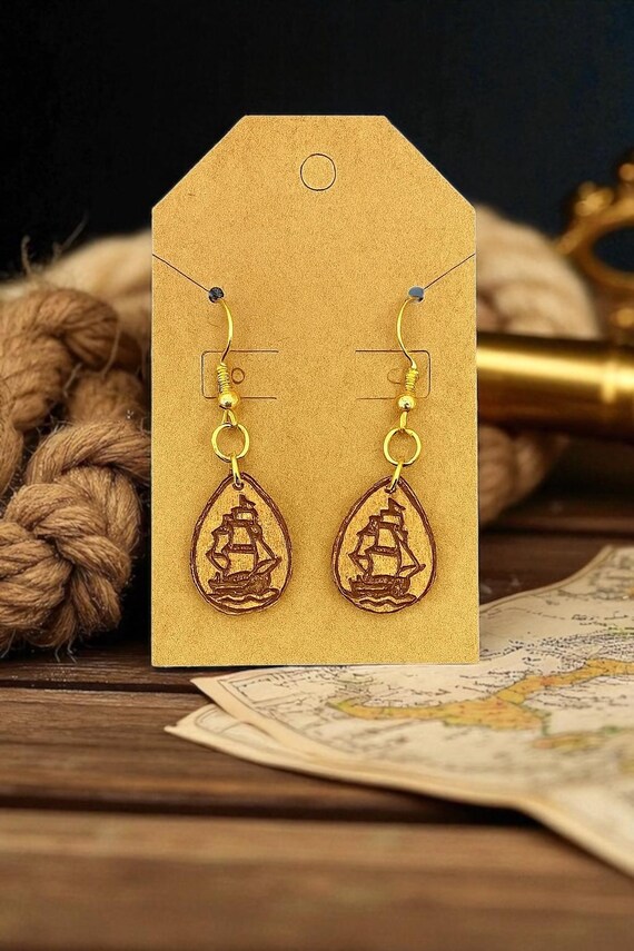 Handmade Nautical Ship Earrings – Laser Engraved Teardrop Wood Dangle Earrings – Coastal Boho Jewelry Gift for Her