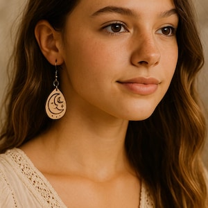 Crescent Moon Leather Earrings – Boho Teardrop Dangle Jewelry | Handmade Celestial Gift for Her | Lightweight | Fawn Meadow Farm