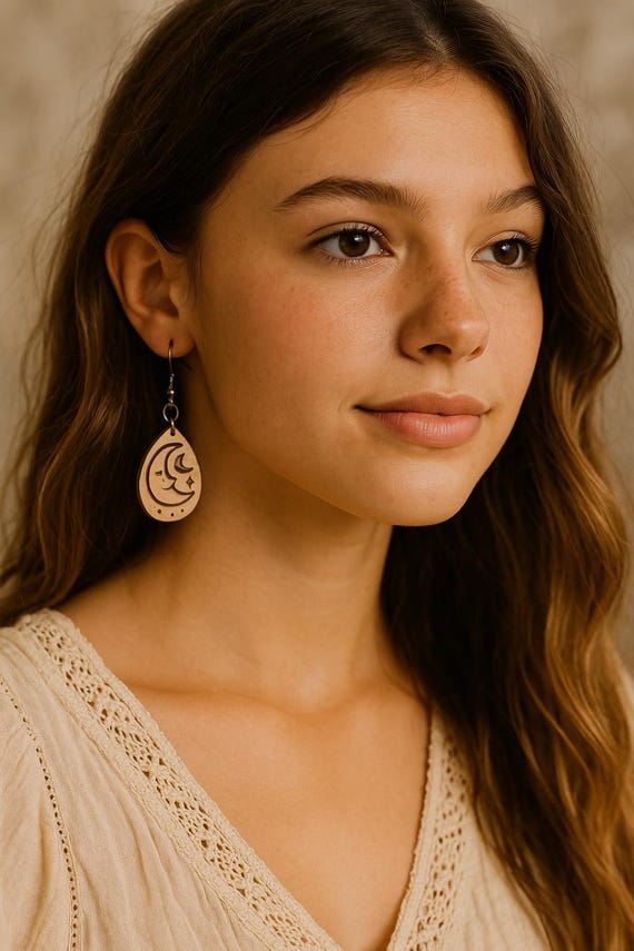Crescent Moon Leather Earrings – Boho Teardrop Dangle Jewelry | Handmade Celestial Gift for Her | Lightweight | Fawn Meadow Farm