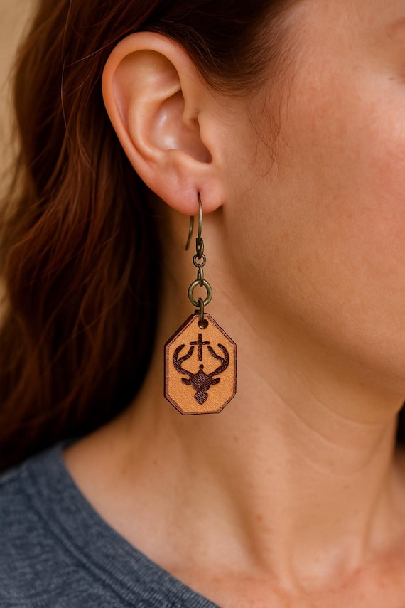Faith & Hunt Leather Earrings – Handmade Deer and Cross Drop Earrings | Rustic Country Girl Jewelry | Christian Outdoorswoman Gift