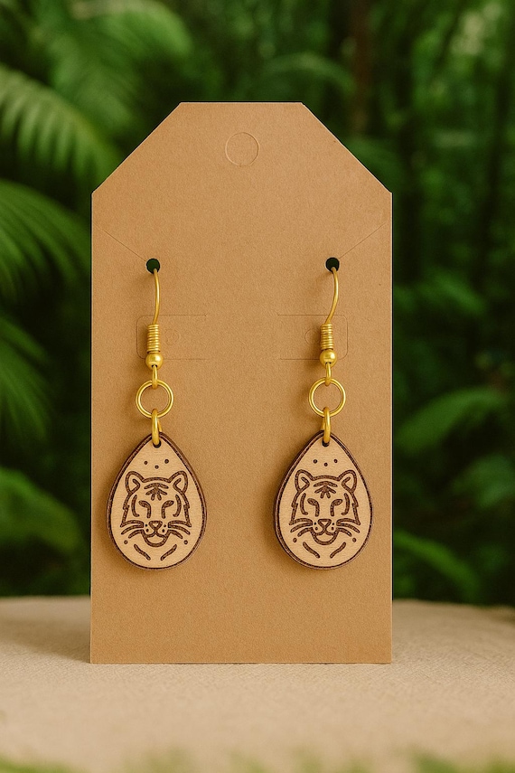 Tiger Spirit Leather Earrings – Handcrafted Teardrop Earrings with 18K Gold Plated Hooks | Boho Animal Jewelry | Fawn Meadow Farm Leather