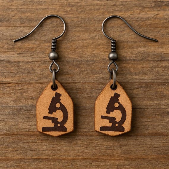 Microscope Leather Earrings | Handmade STEM Gift for Women | Science Teacher, Lab Tech, Biologist Jewelry | Smart Nerdy Chic Dangle Earrings