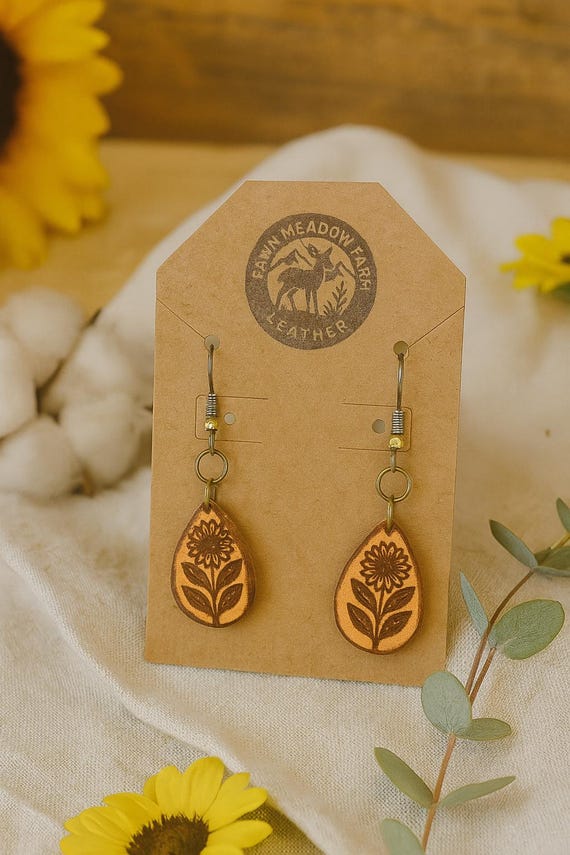 Handmade Leather Sunflower Earrings – Boho Teardrop Dangle Earrings – Rustic Farmhouse Jewelry – Lightweight Floral Gift for Her