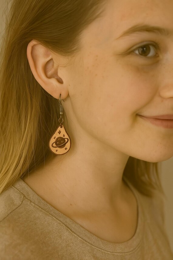 Planet Leather Earrings | Handcrafted Teardrop Space Earrings | Celestial Jewelry | Saturn Galaxy Gifts | Fawn Meadow Farm Leather | Astrono