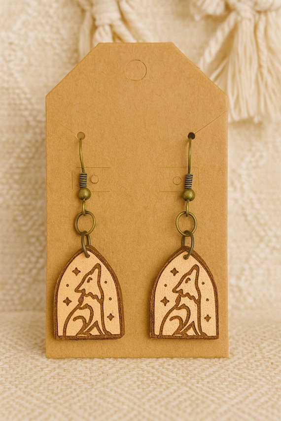 Howling Wolf Leather Earrings – Handcrafted Teardrop Earrings with Bronze Hooks | Rustic Boho Western Jewelry | Fawn Meadow Farm