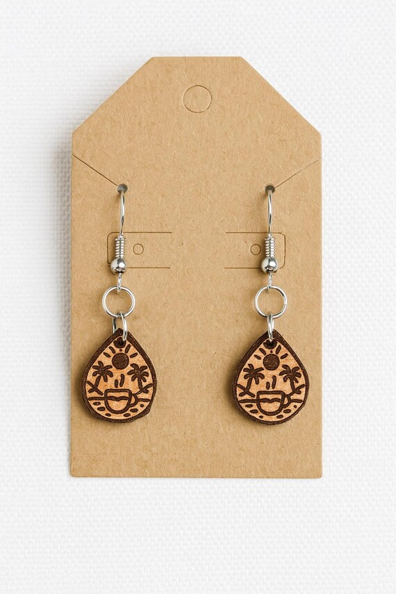Boho Leather Earrings | Coffee & Palm Tree Teardrop Design | Laser Engraved Lightweight Dangle | Handmade Gift for Coffee Lovers