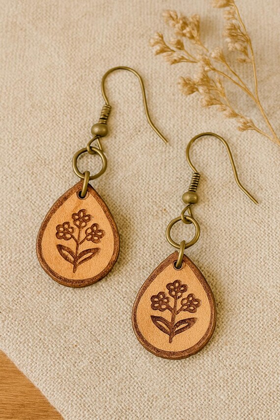 Wildflower Leather Earrings – Handmade Teardrop Floral Earrings | Rustic Botanical Jewelry for Nature Lovers | Fawn Meadow Farm Gift