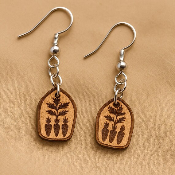 Carrot Garden Leather Earrings – Handcrafted Vegetable Dangle Jewelry for Gardeners, Farmers Market Style, Homestead Gift for Her