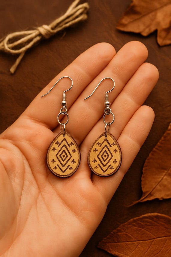 Handmade Leather Boho Earrings – Teardrop Tribal Dangle Earrings | Lightweight Western Jewelry | Rustic Gift for Her | Farmhouse Chic