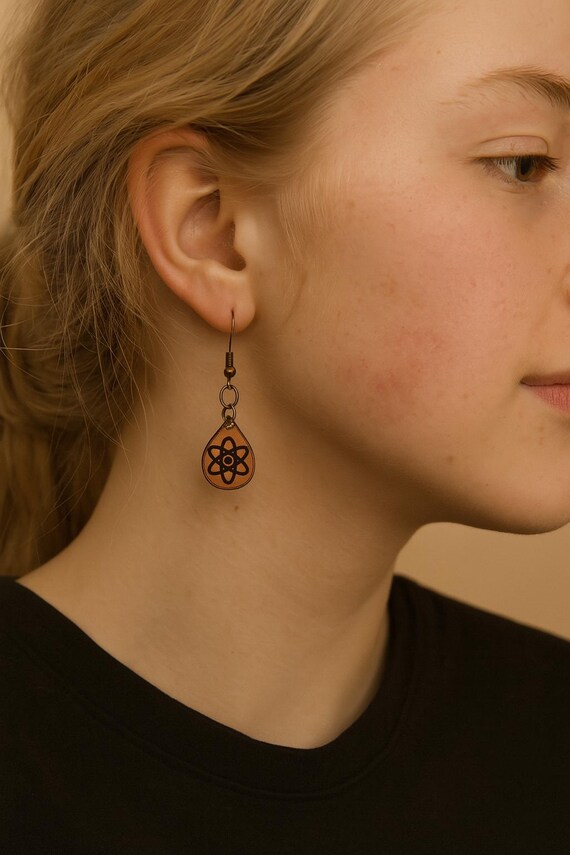 Atomic Boho Leather Earrings – Handcrafted Teardrop Dangle Jewelry | Science Gift for Women | Geek Chic Accessories | Fawn Meadow Leather