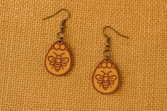Bee & Honeycomb Leather Earrings – Handmade Boho Nature Earrings | Rustic Bee Jewelry | Fawn Meadow Farm | Garden Gift for Her