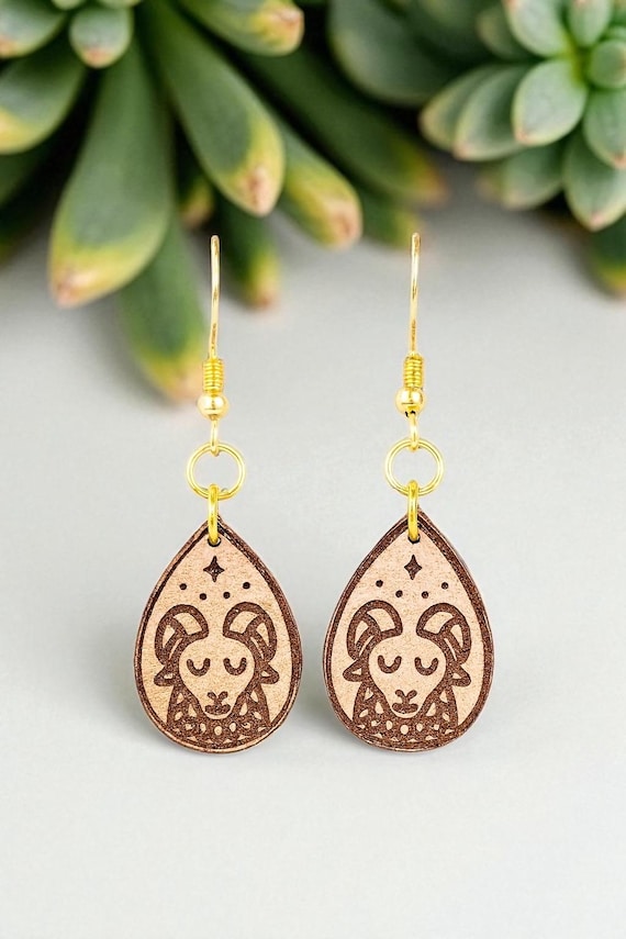 Handmade Zodiac Ram Earrings | Laser Cut Leather Teardrop Earrings | Aries Astrology Jewelry | Boho Dangle Earrings