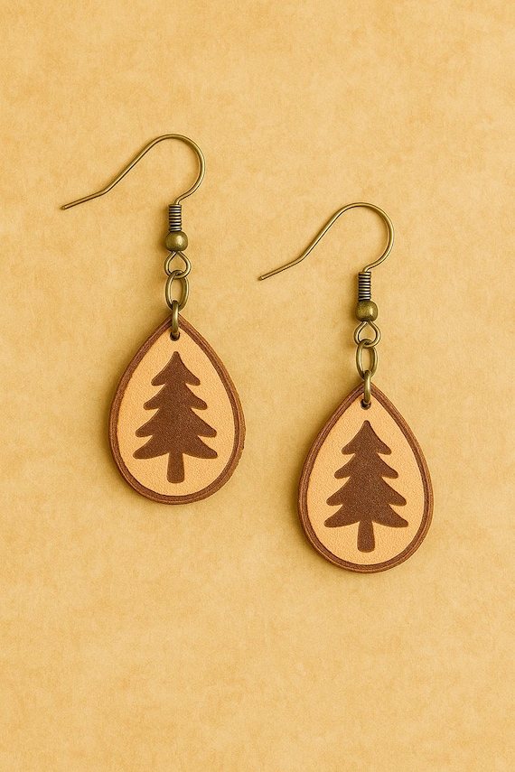Handmade Tree Leather Earrings – Rustic Nature Jewelry – Lightweight Boho Forest Earrings – Outdoor Lover Gift – Homestead Style