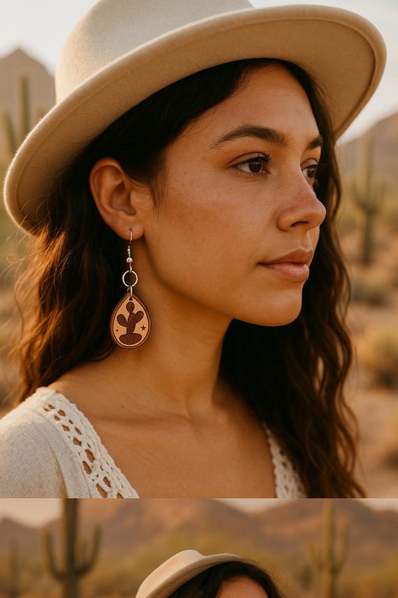 Boho Cactus Earrings – Handmade Leather Teardrop Dangles | Lightweight Western Jewelry | Desert Vibes | Fawn Meadow Farm