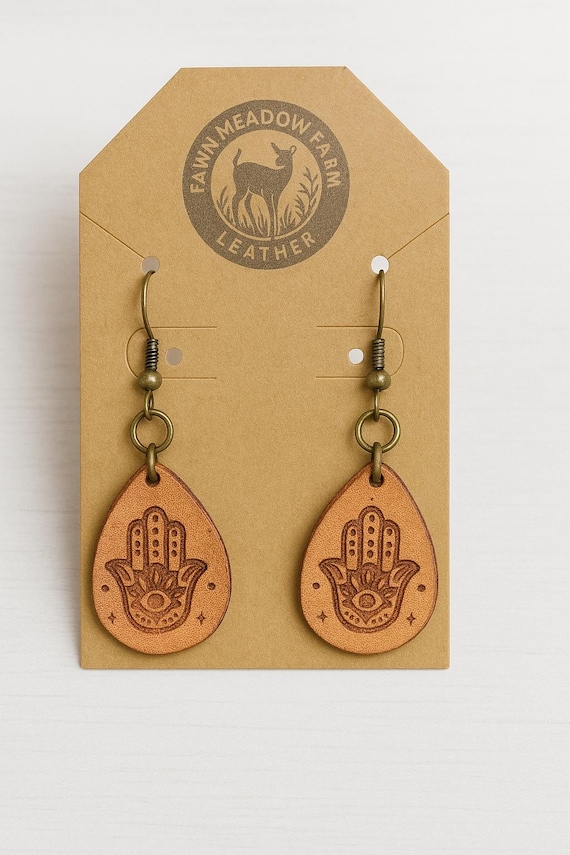 Handmade Leather Hamsa Earrings | Boho Evil Eye Protection Jewelry | Lightweight Gift for Her | Rustic Spiritual Teardrop Dangles
