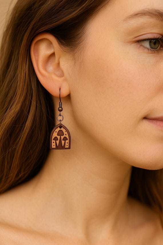 Mushroom Leather Earrings | Handmade Boho Arch Dangles | Cottagecore Forest Jewelry | Laser Engraved Lightweight Gift for Her
