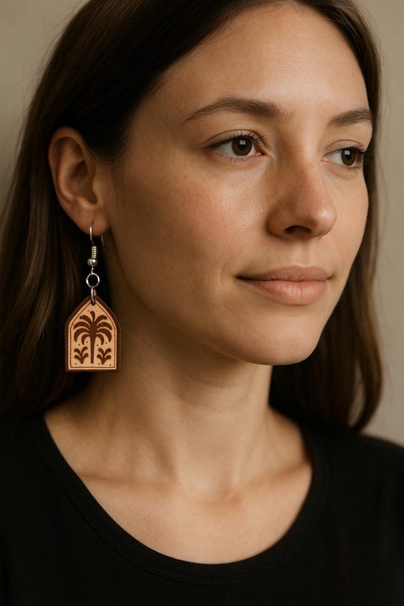 Handcrafted Leather Earrings – Boho Palm Tree Arch | Eco-Friendly Statement Jewelry | Rustic Summer Vibes | Fawn Meadow Farm Originals