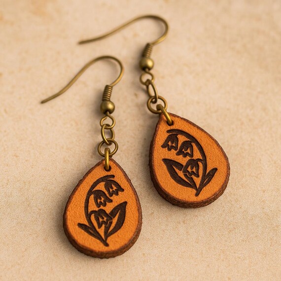 Lily of the Valley Leather Earrings – Handcrafted Rustic Teardrops | Nature Inspired Jewelry | Botanical Gift for Her | Cottagecore Vibes