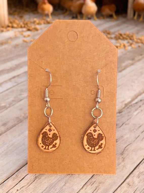 Tiny Chicken Leather Earrings – Lightweight Teardrop Drops, Farmhouse Boho Jewelry, Hand-Tooled & Burnished Veg-Tan, Rustic Homestead Gift