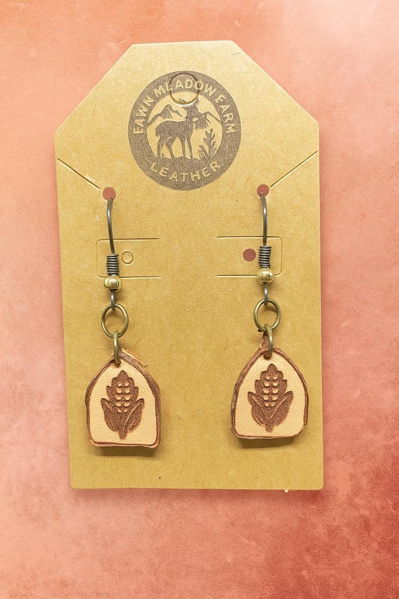Rustic Corn Leather Earrings – Handmade Farmhouse Drop Earrings | Fawn Meadow Farm Artisan Jewelry | Fall Boho Country Gifts for Her