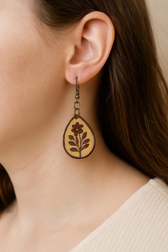 Handmade Leather Flower Earrings – Botanical Teardrop Earrings – Lightweight Boho Nature Jewelry – Gift for Her – Eco Rustic Style