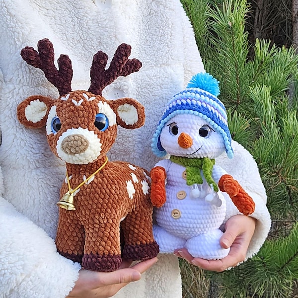 Patrón de ganchillo para amigurumi de ciervo y muñeco de nieve, decoración navideña