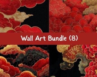 May include: A wall art bundle featuring eight pieces with a repeating pattern of red and gold clouds on a black background. The text "Wall Art Bundle (8)" is displayed on a red banner.