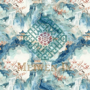 May include: A seamless pattern featuring a watercolor landscape with waterfalls, pagodas, and cherry blossom trees. The color palette includes shades of blue, white, and gold. The text "MEIWEN IC" is visible in gold.