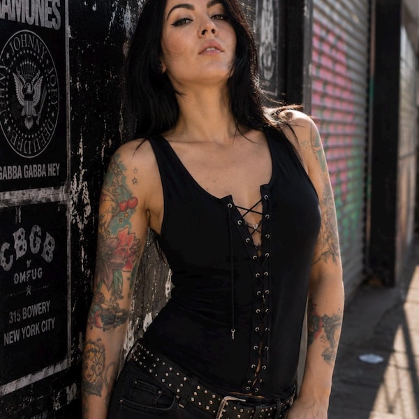 Lace-Up Black Tank Top: Rock Concert Festival Style