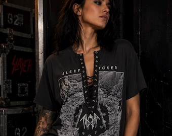 Sleep Token Lace-Up Band Tee: Acid Wash Concert Shirt