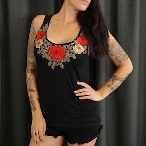 Olivia Paige Clothing -Embroidery  appliqué tattoo rose roses tank top