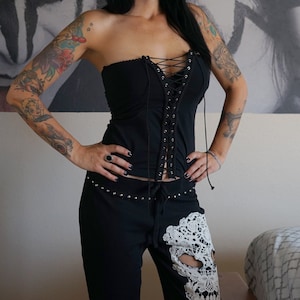 Lace Sugar Skull Outfit: Studded Pants & Tube Top - Punk Rock Set