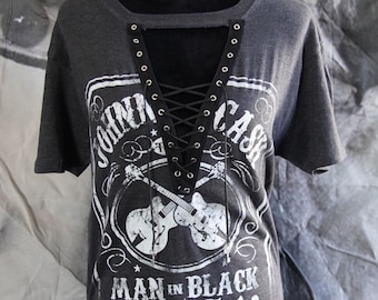 Olivia Paige -Diy shirt Johnny Cash Guitars  shirt top with front lace up