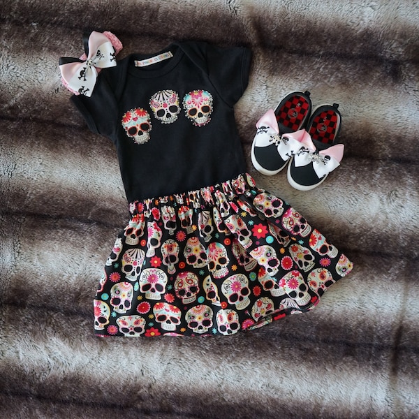 Olivia Paige - Little sugar skull rockabilly punk rock outfit/ bodysuit with satin skirt &headband shoes slippers flats