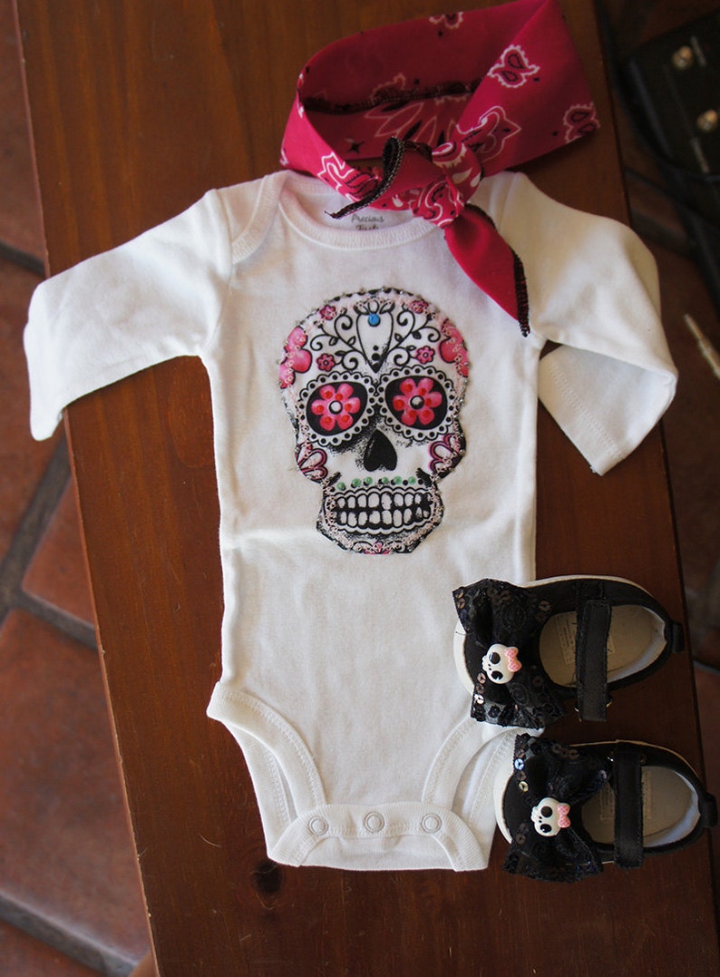 Olivia Paige Little punk rock tattoo Outfit Sugar skull bodysuit with shoes flats and bandana image 1