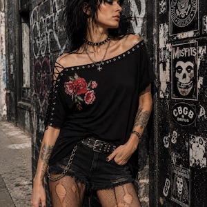 Embroidered Rose Applique Tank Top: Eyelet Lacing Pin Up Rockabilly Shirt image 1
