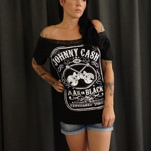 Olivia Paige Diy shirt Johnny Cash Guitars top with lace shoulder off image 3