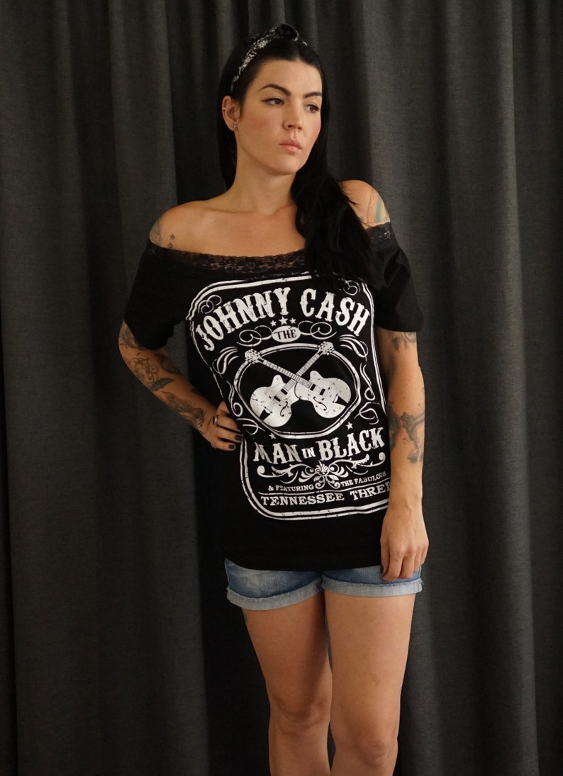 Olivia Paige Diy shirt Johnny Cash Guitars top with lace shoulder off image 3