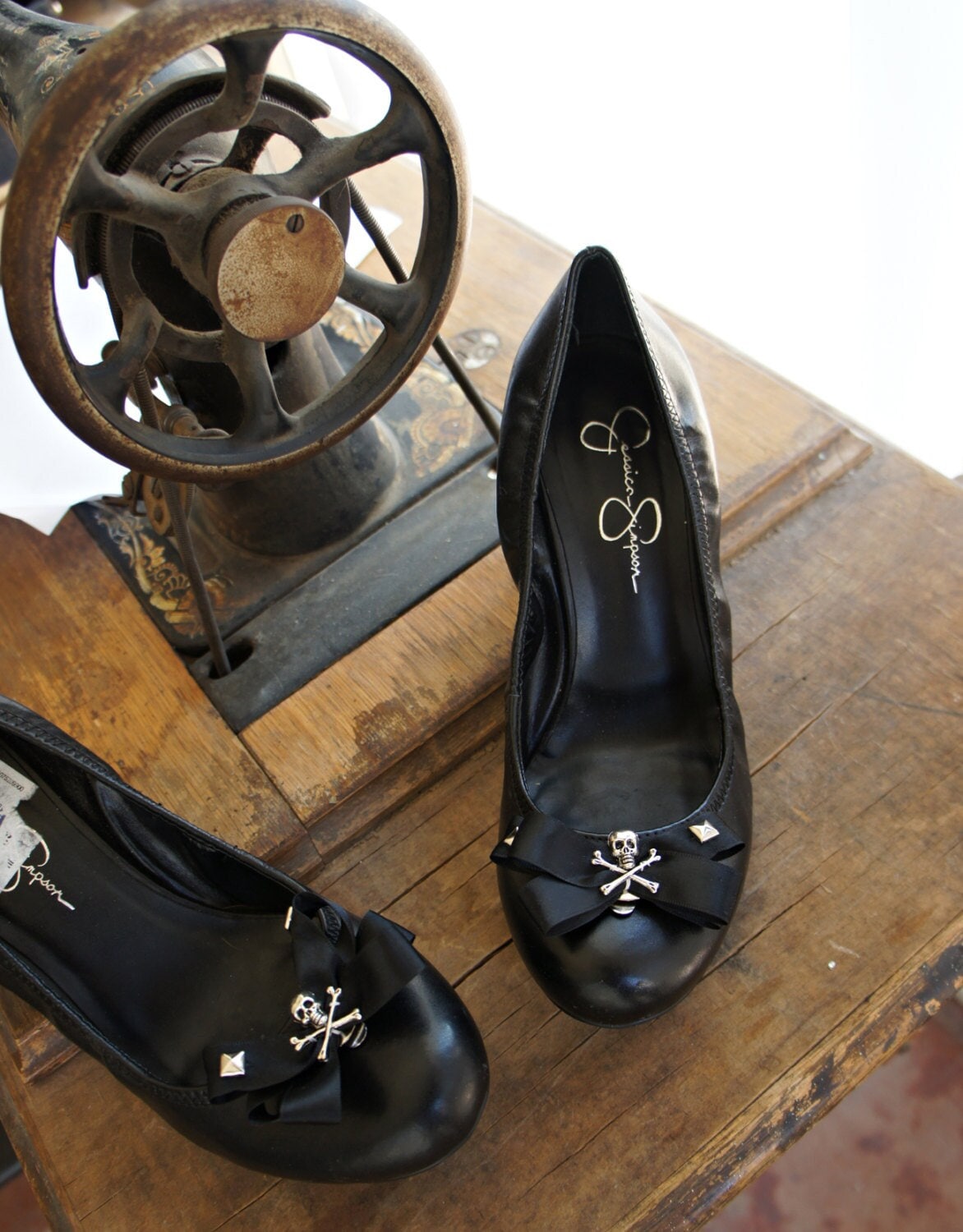 Olivia Paige - Black  satin Bows pyramids  Sugar skull shoe Clips
