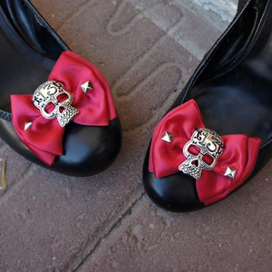 Olivia Paige Red satin Bow Sugar skull shoe Clips Pyramids image 4