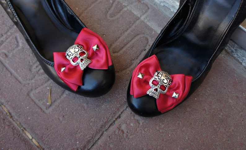 Olivia Paige Red satin Bow Sugar skull shoe Clips Pyramids image 4