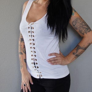 Olivia Paige Clothing - White front Eyelet grommets lace up tank corset style