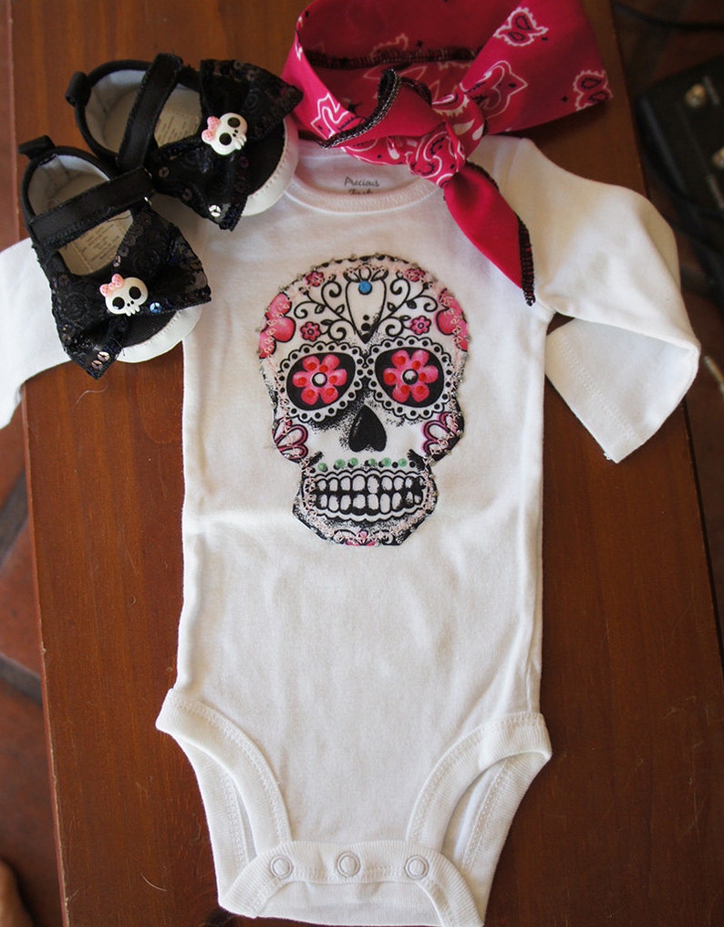 Olivia Paige Little punk rock tattoo Outfit Sugar skull bodysuit with shoes flats and bandana image 4