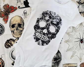 Sugar Skull Baby Bodysuit – Punk Rock Halloween, Organic Cotton