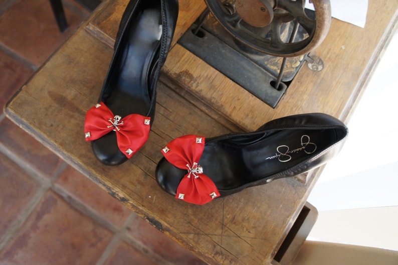 Olivia Paige Red satin Bow Sugar skull shoe Clips image 3