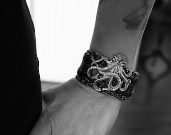 Olivia Paige -Leather Silver Rockabilly octopus bracelet with anchor
