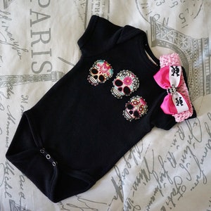 Olivia Paige Sugar skull baby girls rockabilly punk rock outfit bodysuit with headband hair bow image 2